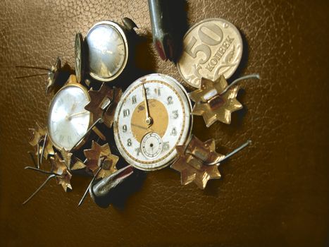 Retro watch, stars, coins and bullets