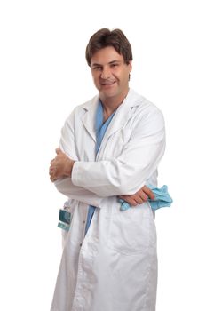 Surgeon wearing scrubs and coat is standing casually and holding disposable gloves.  White background.