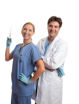 Smiling healthcare staff, male surgeon or doctor and female scrub nurse standing together.