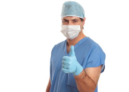 Surgeon or medical scrub nurse giving the thumbs up hand signal of quality, perfection,  approval, excellence, success, etc.  He is looking ahead standing against a plain white background with space for copy or other design elements.