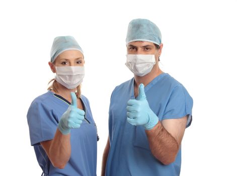 Two surgeons give the thumbs up  eg: success, approval, quality