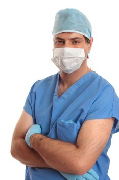 Male surgeon in scrubs uniform standing casually with arms crossed