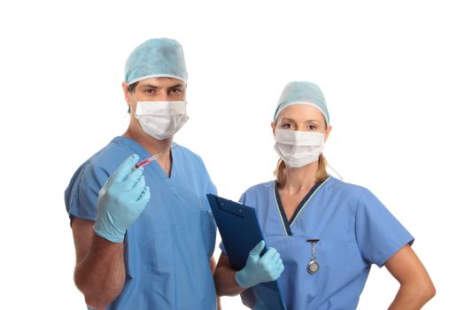 Male and female hospital medical staff standing together in scrubs uniform