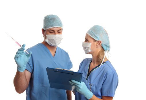 Two hospital staff discussing a patient's medical records or treatment.