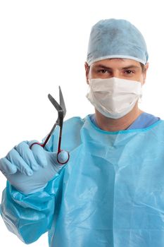 Male surgeon in scrubs, mask  and operating surgery coat holding medical scissors