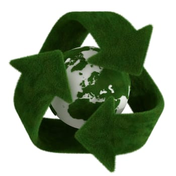 3d rendering of a grass recycle symbol with a grass earth in the center