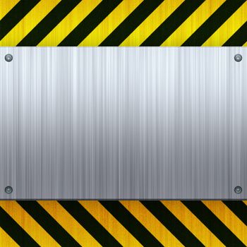 A riveted 3d brushed metal plate on a construction hazard stripes background.