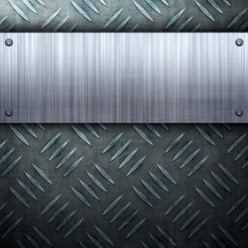 Worn diamond plate metal texture with a brushed aluminum plate riveted to it.  Makes a great layout or business card template.