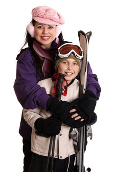 Happy family ready for a winter ski vacation or outing.