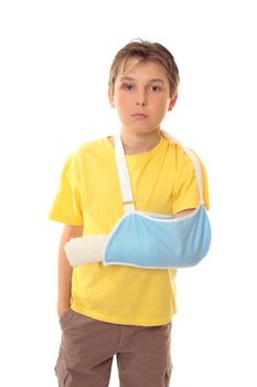 Hurt boy with one arm in a sling and a scrape over right eye