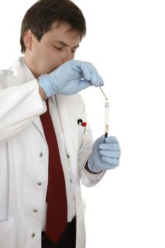 An fbi or crime scene investigator tests a swab for the presence of blood using the LMG test method (leucomalachite green)