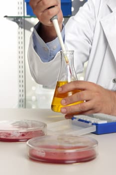 A chemist using a pipette and erlenmeyer flask in a laboratory.