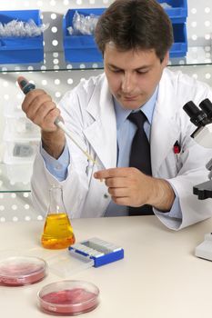 A man working with laboratory equipment.  He is using a pipette to dispense liquid into a microcentrifuge tube for further analysis.