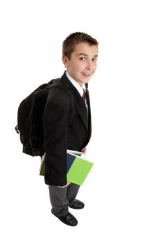 High school secondary student carrying books and a backpack