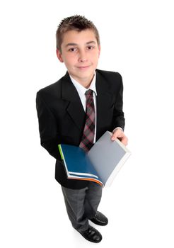 High school student with an open text book and smiling.
