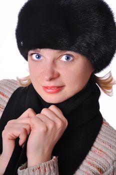  Beautiful woman in black fur hat Winter fashion