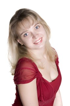 young woman with long hair in red over white background