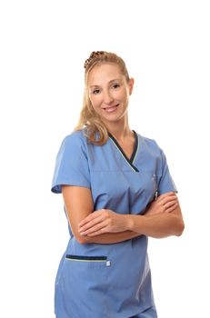 Nurse or doctor stands confidently with arms crossed on a white background.
