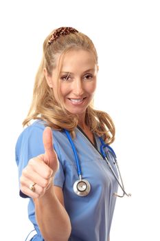 Smiling female nurse, intern  or surgeon in uniform showing the  thumbs up sign of  success, approval, excellence,  etc.  