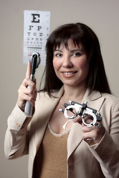 Eye doctor with instruments for checking eyesight.