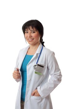 Female doctor or nurse standing in uniform.