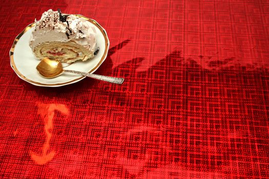 Slice of a pie with the spoon on a red background, (look similar images in my portfolio)