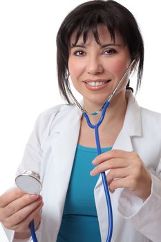 Cheerful, female doctor holding a stethoscope instrument.