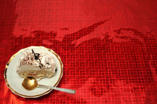Slice of a pie with the spoon on a red background, (look similar images in my portfolio)