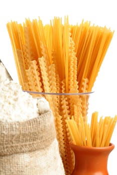 Bag with a flour and macaroni, isoleted on white