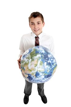 Caring for Earth.   Smiling  school student holds the earth in his hands.  Images of earth from Nasa satellite.