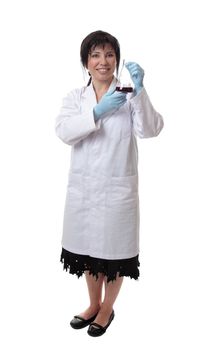 Chemist holding laboratory flask with liquid
