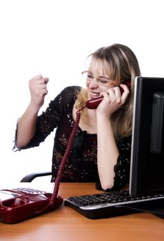 Busy woman working and answering calls at phone with expression