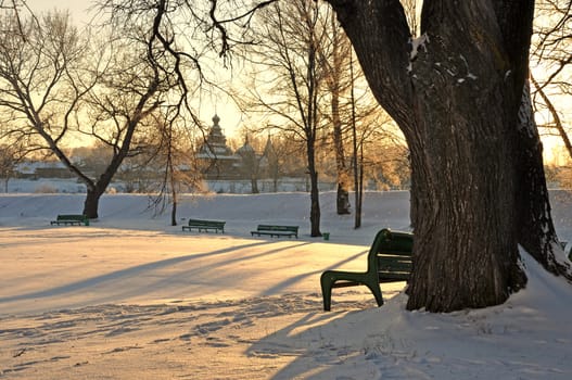 benches covered in deep snow during the winter