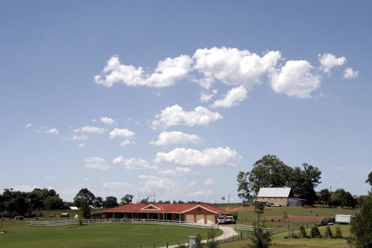 Rural Australian Farm In Country New South Wales, Summer, Clouds, Blue Sky, Australia