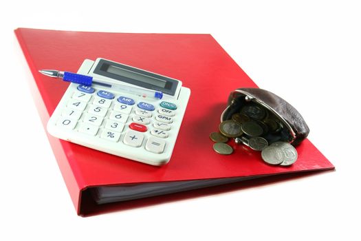 calculator, money and other equipment as symbol for buisness and finance, isolated on white background