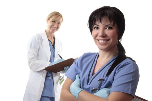 Friendly healthcare professionals holding medical records.