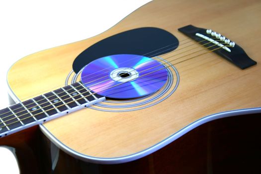 guitar with audio disc on white background