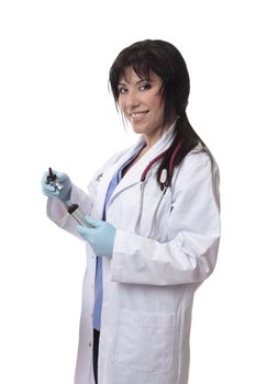 Doctor with  otoscope. Used to examine the ear, but cani be used for other routine ENT examination.  It contains its own light source and magnification to give a view of the tympanic membrane.
