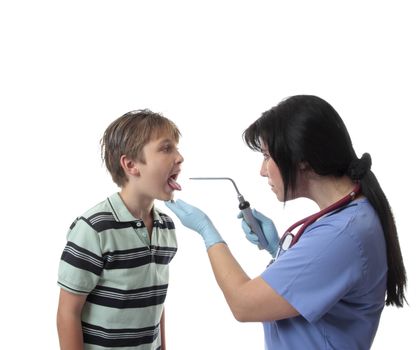 A doctor uses a bent arm illuminator to light the oral cavity and pharyngeal area during a consultation.