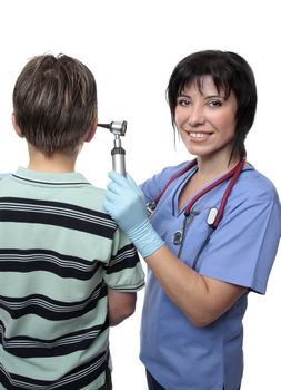 Smiling healthcare worker with a  patient for a medical checkup.