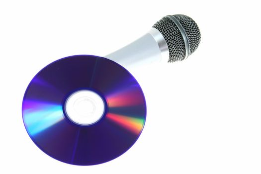 isolated microphone and blue disc as symbol for sound and music
