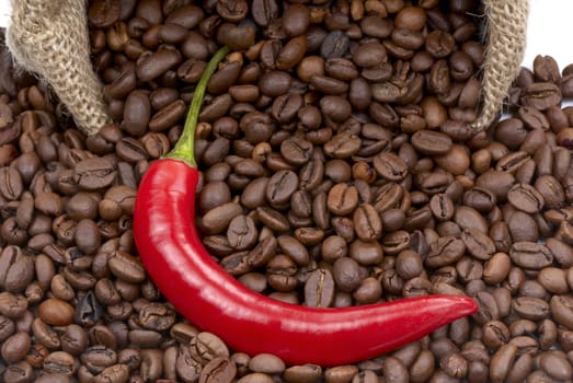 Coffee beans and red chilli peppers. Macro