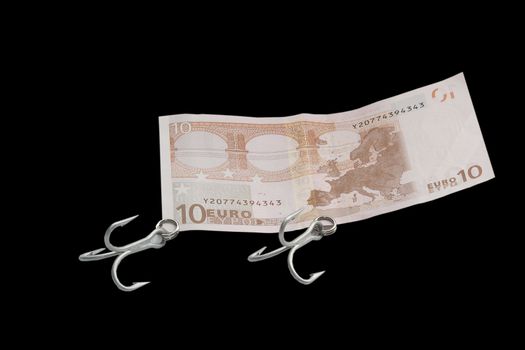 paper money notes with fishing hooks