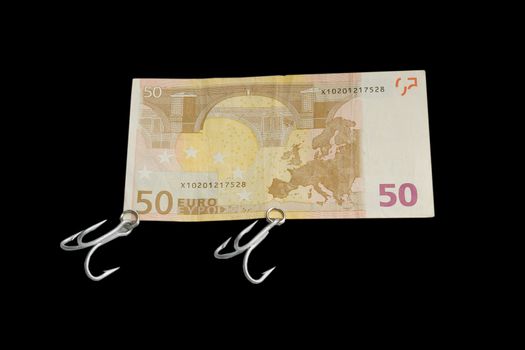 paper money notes with fishing hooks