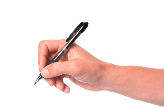 Woman's hand holding a black pen isolated on white