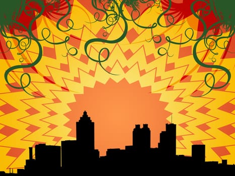 Silhouette of a city skyline with different ornaments.