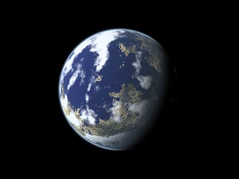 Blue planet with clouds, land and water against black background.