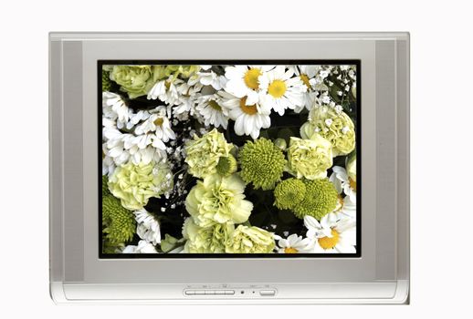 TV and White flowers isolated over white background
