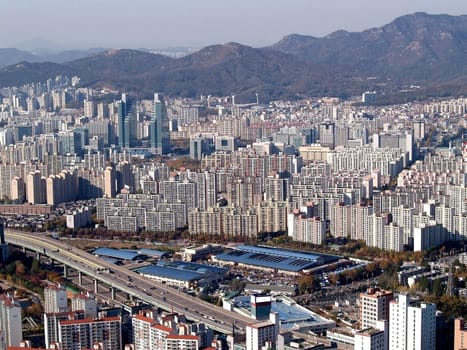 Dense cluster of apartments in Anyang City Korea
