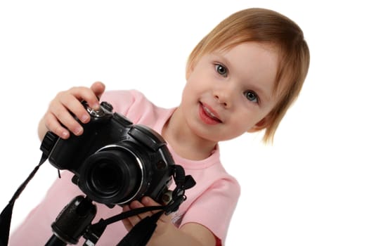 little beauty girl photograph you by digital camera on tripod